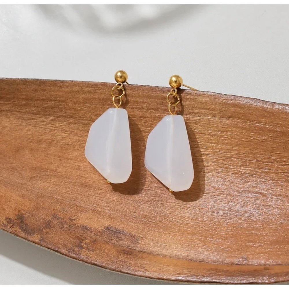 White Geometric Drop Earrings 18K Gold Plated Stainless Steel Statement